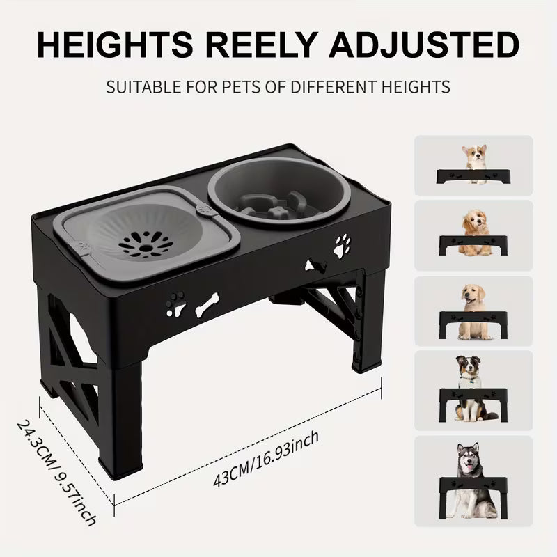 Adjustable Elevated Dog Double Bowls – Raised Slow Feeder & No-Spill Water Bowl Set with Non-Slip Stand | 5 Height Settings for Small, Medium & Large Dogs and Cats