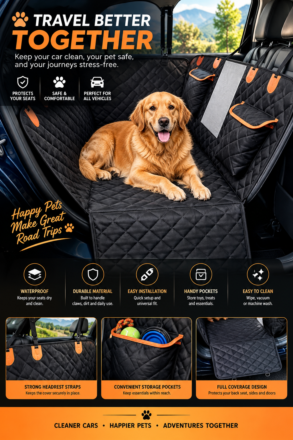 Waterproof Dog Car Seat Cover – Full Coverage Hammock with Storage Pockets