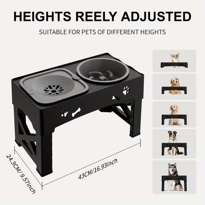 Adjustable Elevated Dog Double Bowls – Raised Slow Feeder & No-Spill Water Bowl Set with Non-Slip Stand | 5 Height Settings for Small, Medium & Large Dogs and Cats