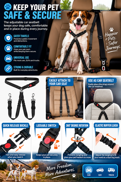 Adjustable Dog Car Seatbelt with Dual Bungee Leash & 360° Swivel