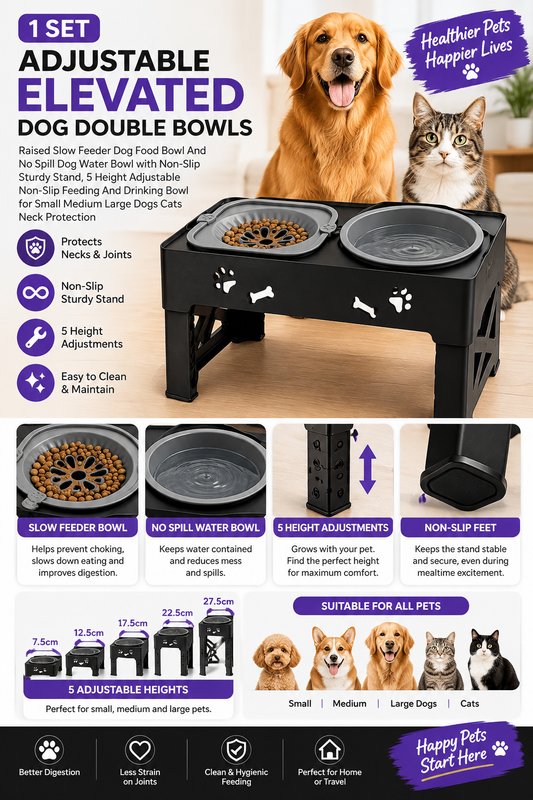 Adjustable Elevated Dog Double Bowls – Raised Slow Feeder & No-Spill Water Bowl Set with Non-Slip Stand | 5 Height Settings for Small, Medium & Large Dogs and Cats