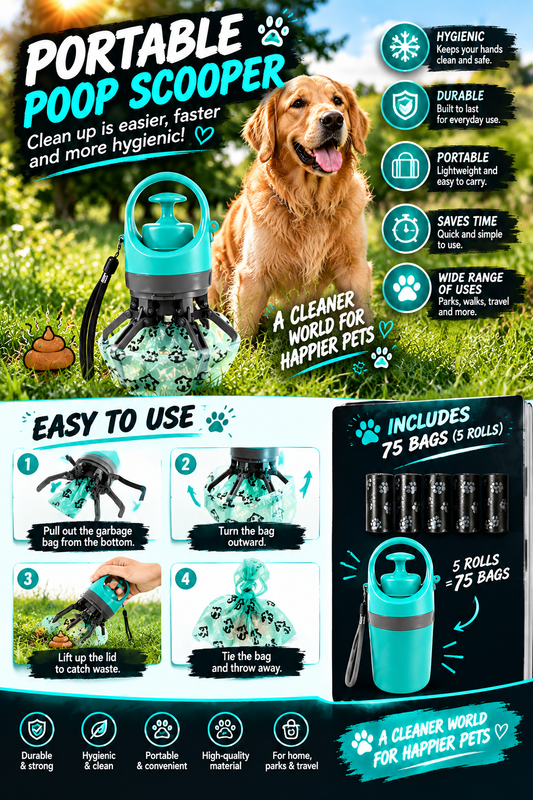 Portable Dog Poop Scooper with 75 Waste Bags — Hygienic, Hands-Free Cleanup for Walks & Travel