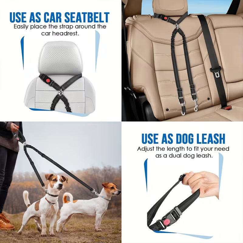 Adjustable Dog Car Seatbelt with Dual Bungee Leash & 360° Swivel